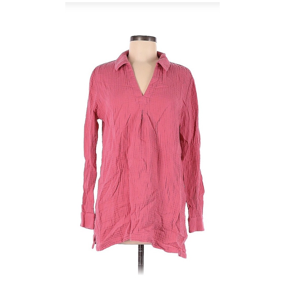 Soft Surroundings Medium Crinkle Blouse Pink Collared Popover Tunic Long Sleeve
